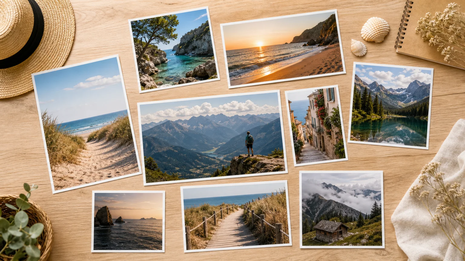 Tirages photo de vacances de différents formats disposés sur une table