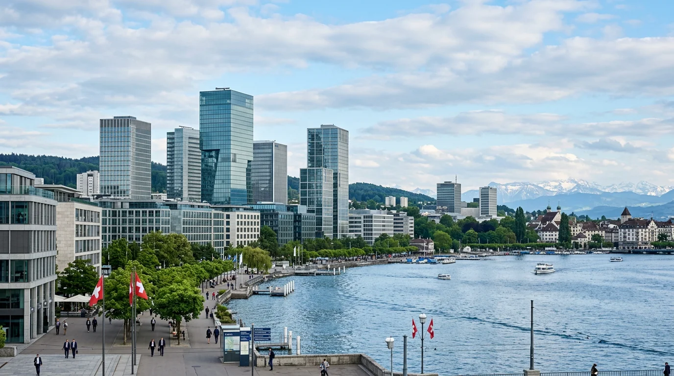Swiss financial district representing the national health insurance market
