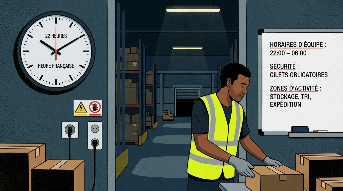 Illustration d'un travailleur de nuit dans un entrepôt logistique en France