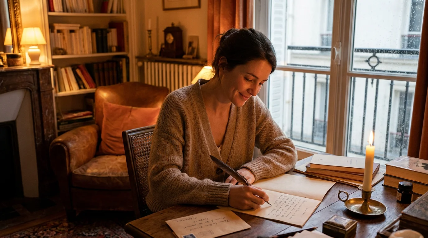 Femme écrivant un message sincère à la lumière d'une bougie dans un intérieur chaleureux