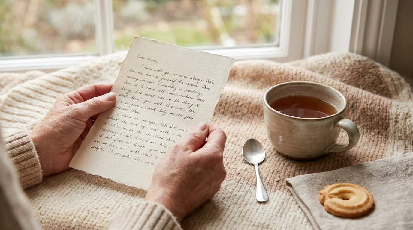 Mains tenant une lettre manuscrite avec une tasse de thé, ambiance douce et intime