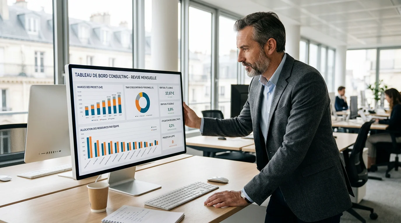 Responsable d'ESN analysant les marges et le taux d'occupation sur un tableau de bord