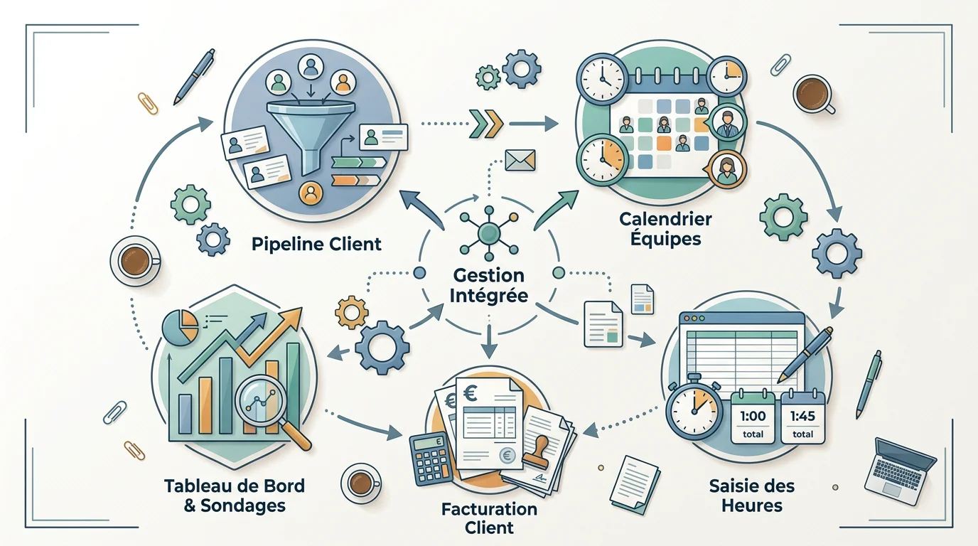 Schéma des modules d'un logiciel de gestion à l'affaire pour ESN