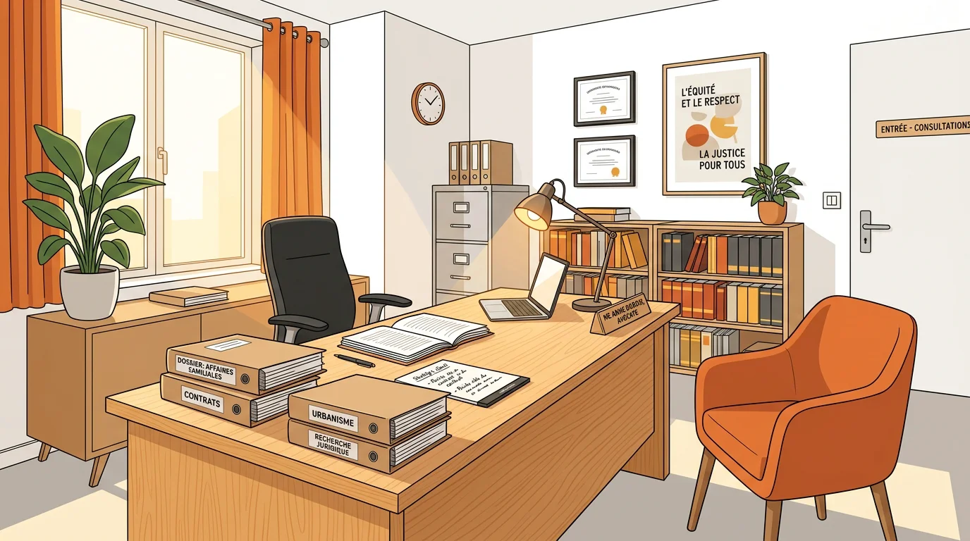 Bureau d'avocat sobre avec dossiers juridiques et lumière chaude