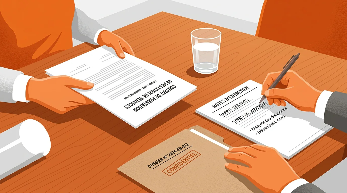 Mains d'un avocat et d'un client échangeant un document sur un bureau