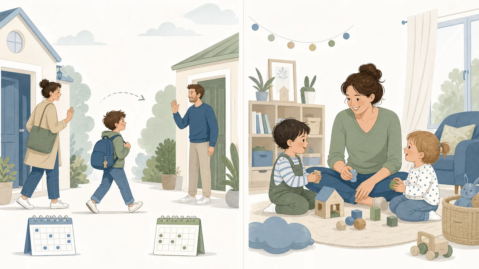 Illustration distinguant la résidence alternée entre parents et la garde partagée avec une nounou