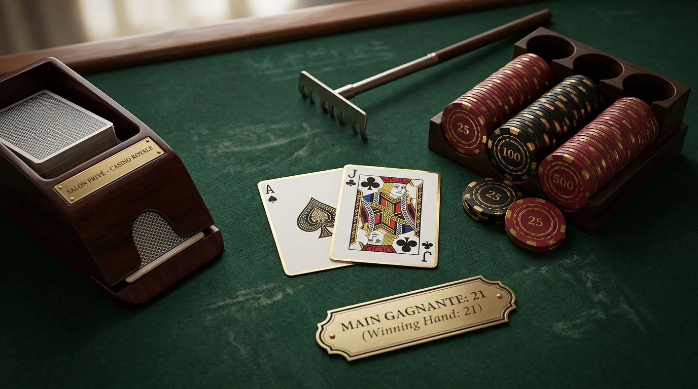 Table de blackjack avec cartes et jetons présentant une main gagnante