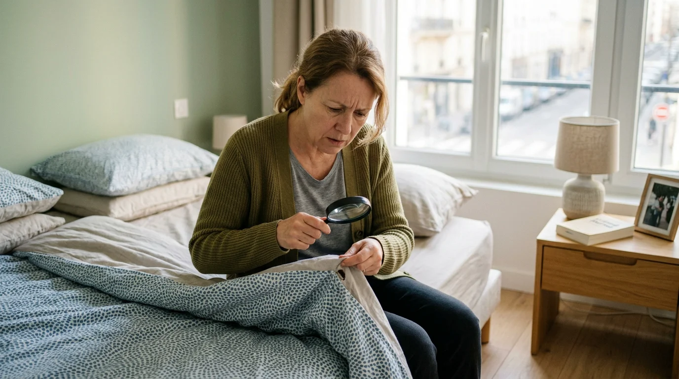 Occupant européen inquiet examinant ses draps à la recherche de punaises de lit