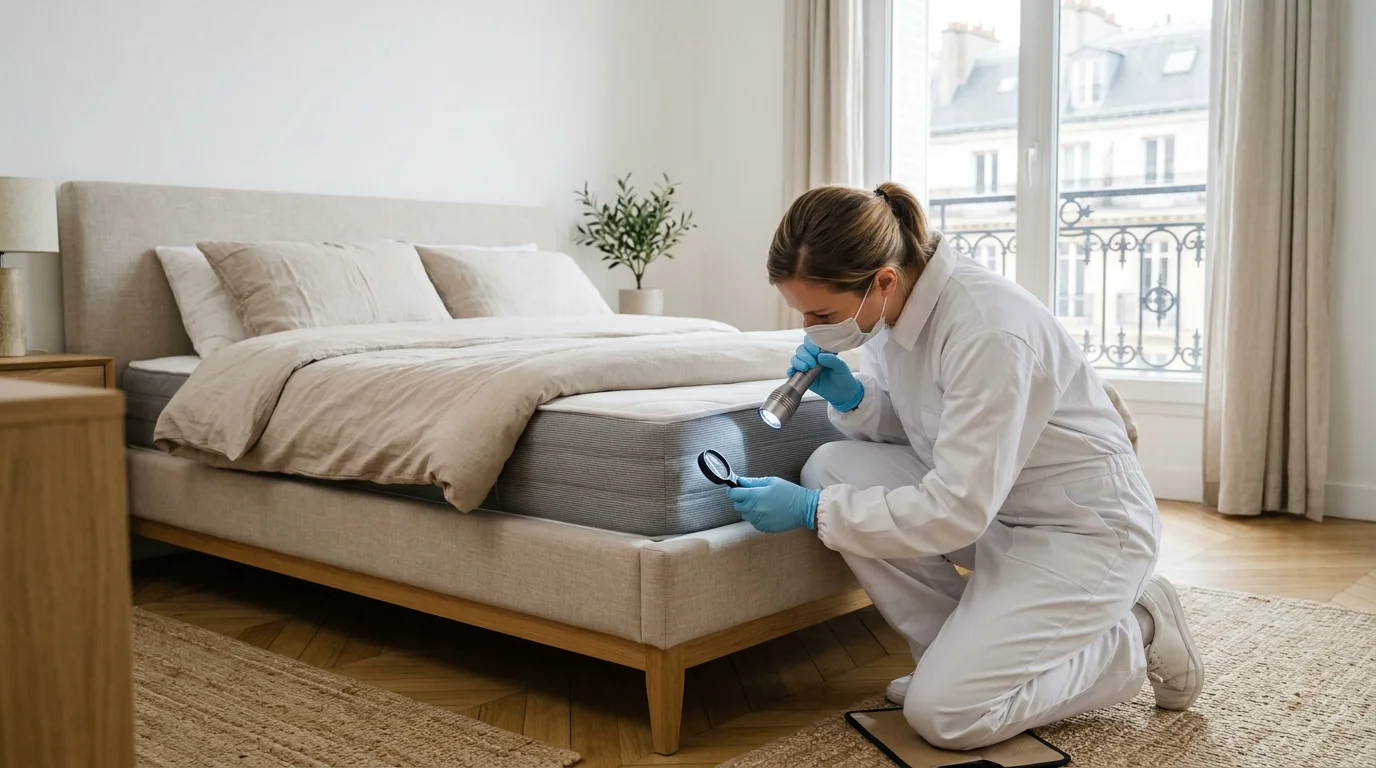 Technicien européen inspectant les coutures d'un matelas à la recherche de punaises de lit