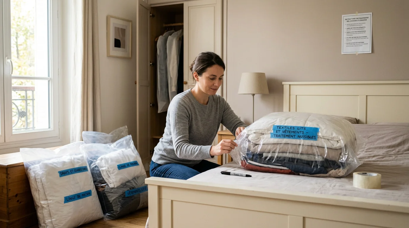 Personne préparant sa chambre en emballant le linge dans des sacs avant un traitement anti punaises de lit