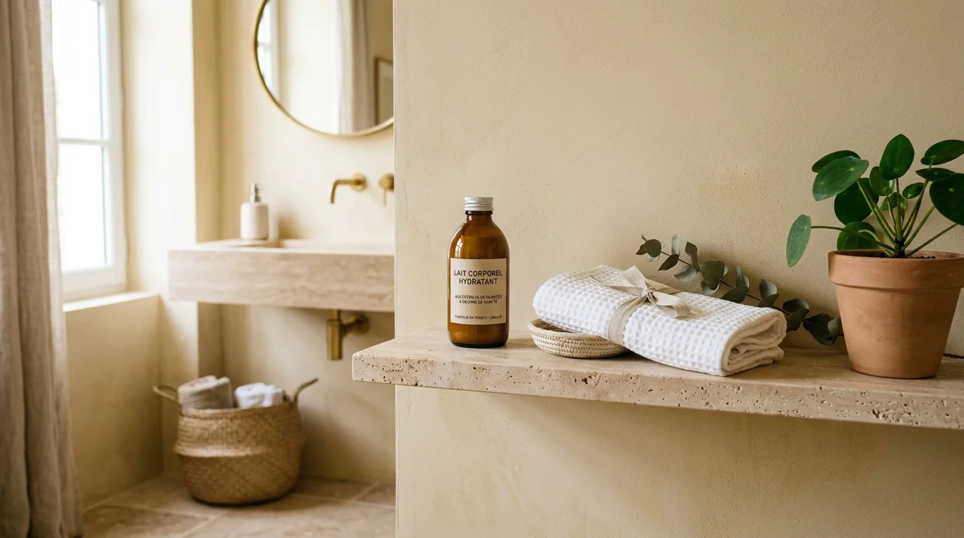 Rituel de soin corporel dans une salle de bain épurée aux tons naturels