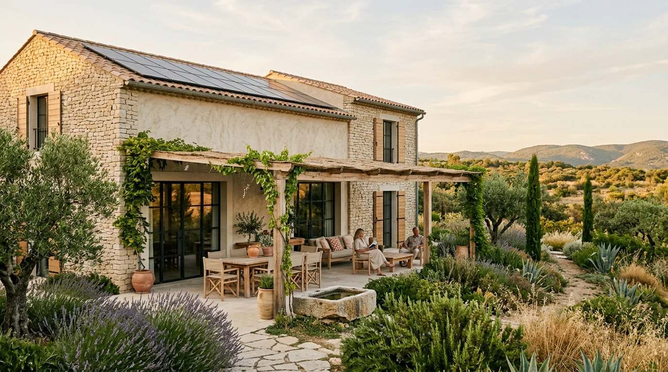 Hébergement éco-responsable à Coustellet avec panneaux solaires et terrasse en pierre