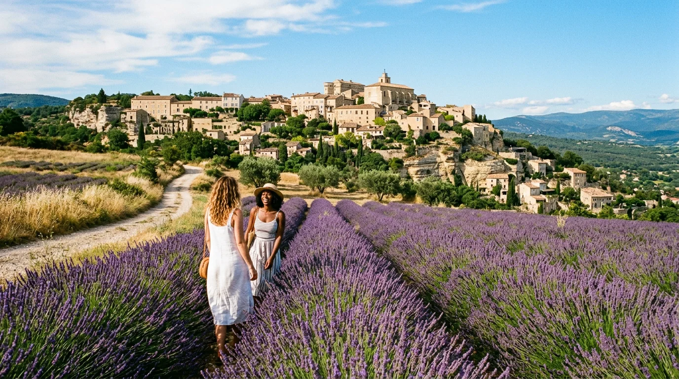 Champ de lavande et village perché du Luberon près de Coustellet