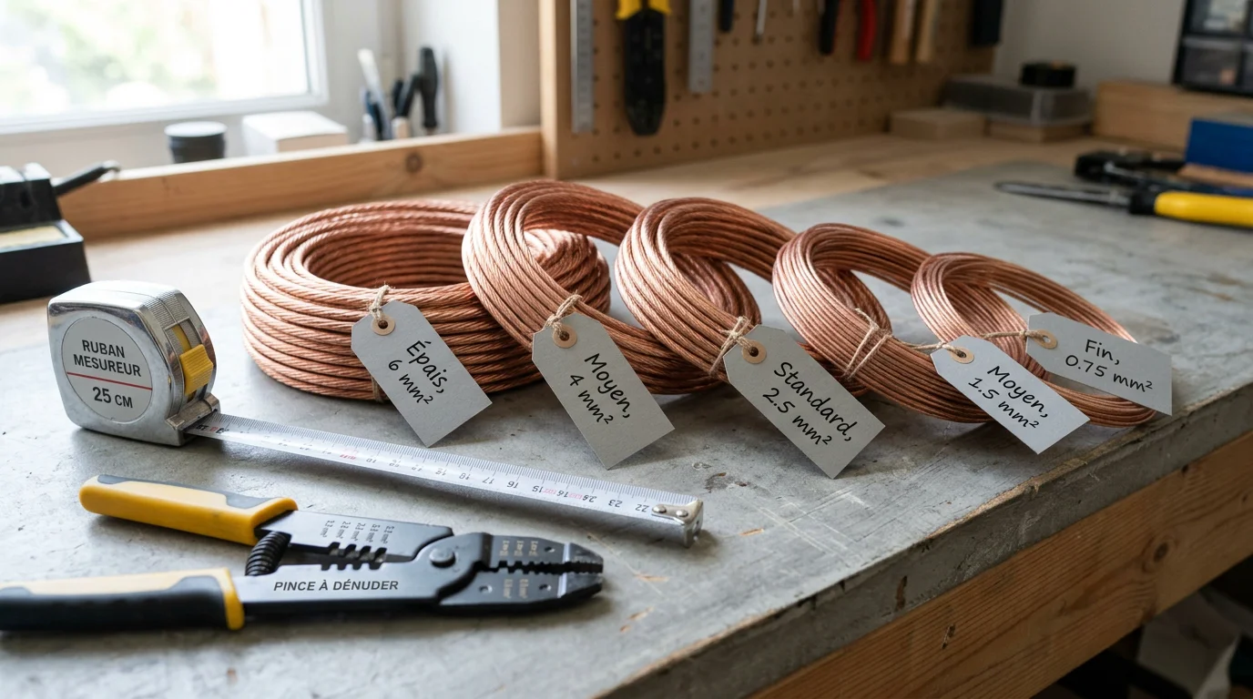 Bobines de câble haut-parleur en cuivre de différentes sections sur un établi