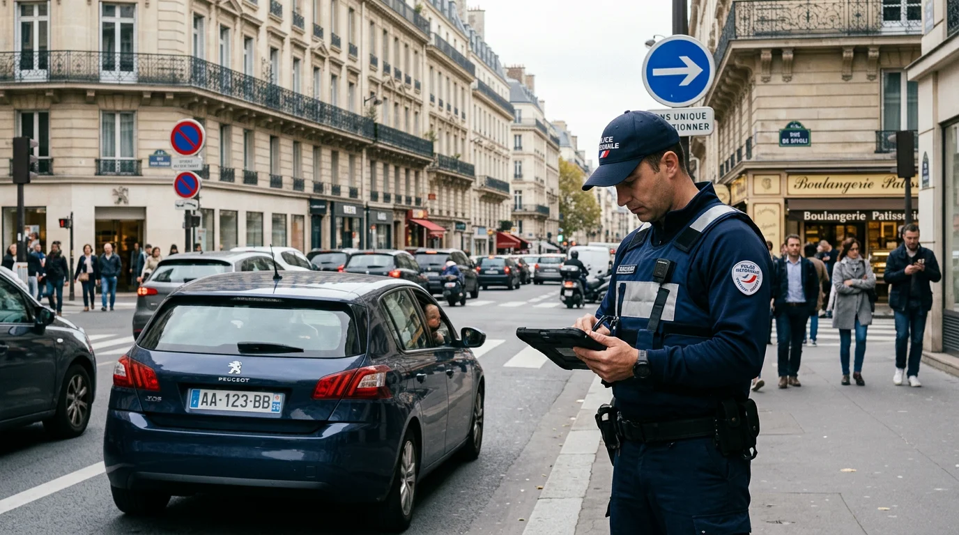 Agent relevant une plaque d'immatriculation pour dresser un PV à la volée