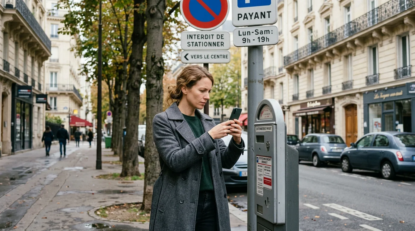 Automobiliste photographiant un horodateur pour constituer une preuve de stationnement