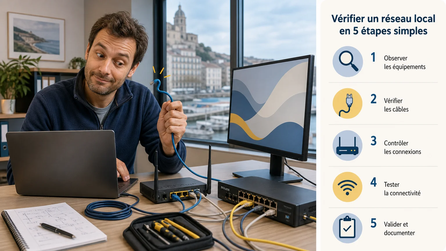 Technicien informatique européen vérifiant un réseau dans un bureau, avec un câble récalcitrant et une ambiance professionnelle légère