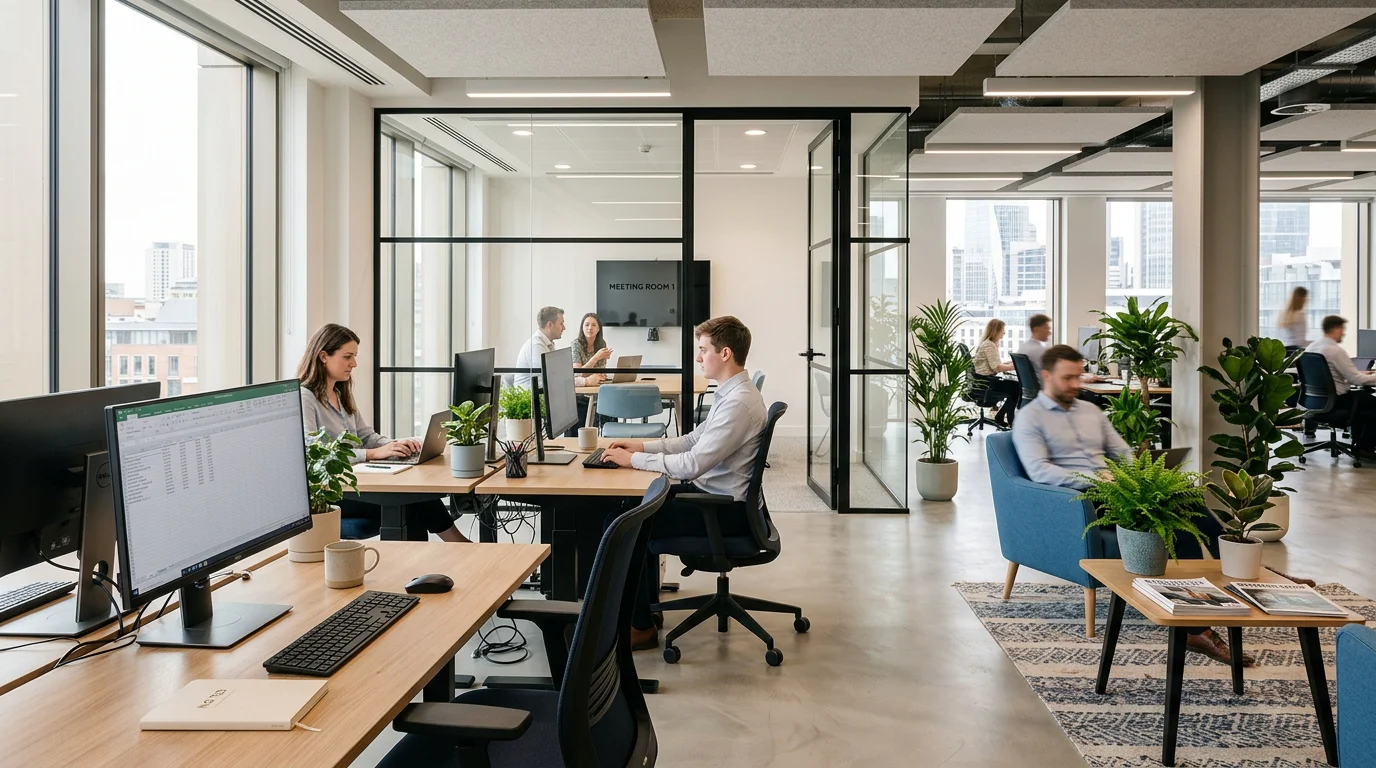 A furnished modern serviced office with desks, glass meeting rooms and a breakout area