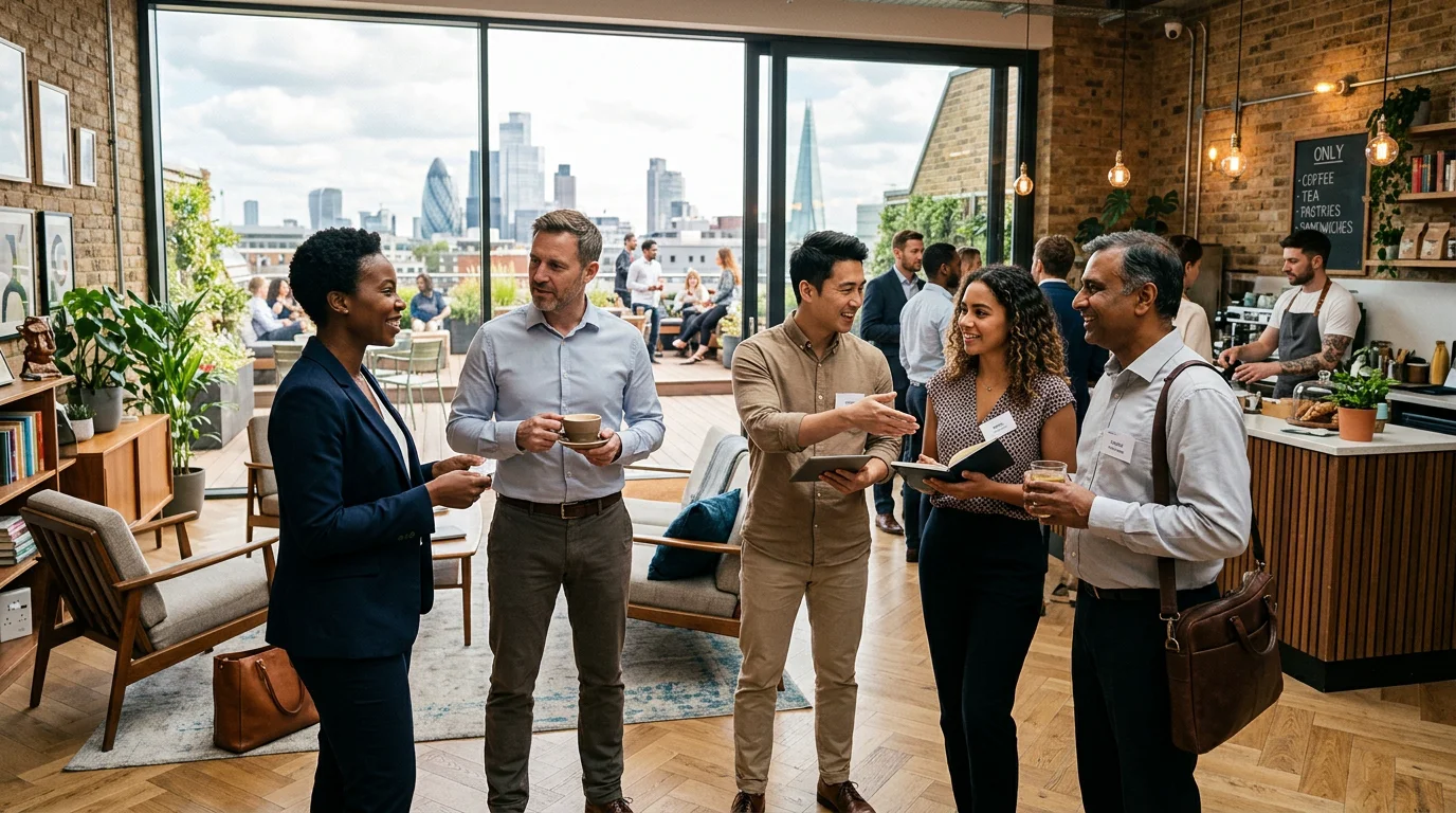 Professionals networking in a modern coworking lounge with a cafe and roof terrace