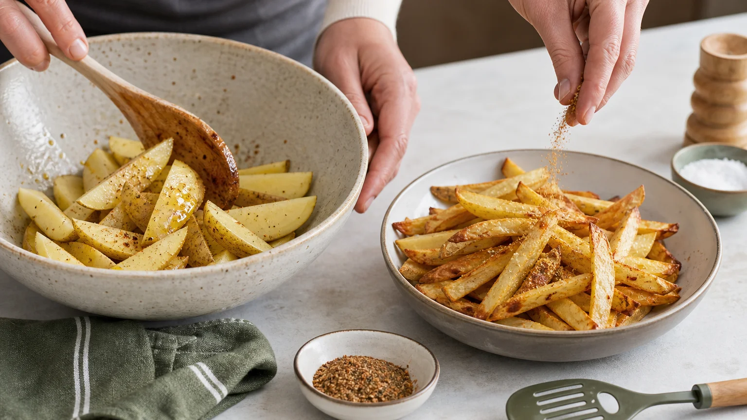 Deux méthodes pour ajouter les épices aux frites et potatoes