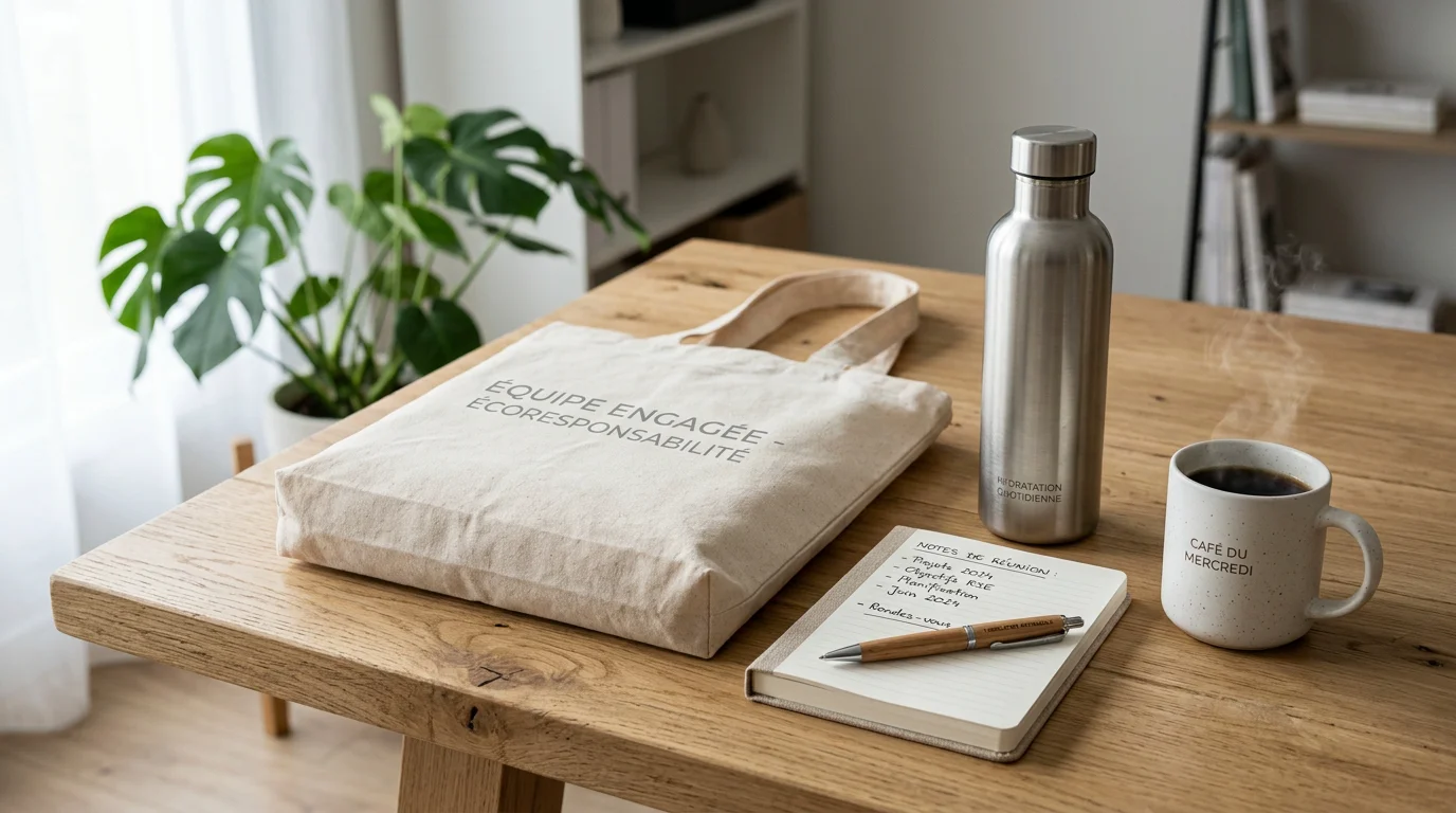 Sélection d'objets publicitaires personnalisables posés sur un bureau en bois clair
