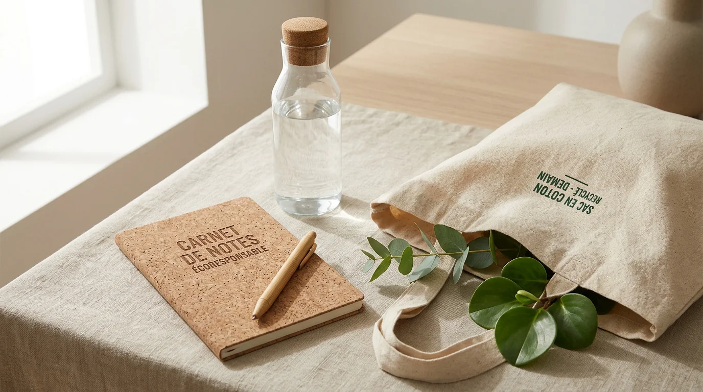 Objets publicitaires éco-responsables en matériaux naturels sur une surface en lin