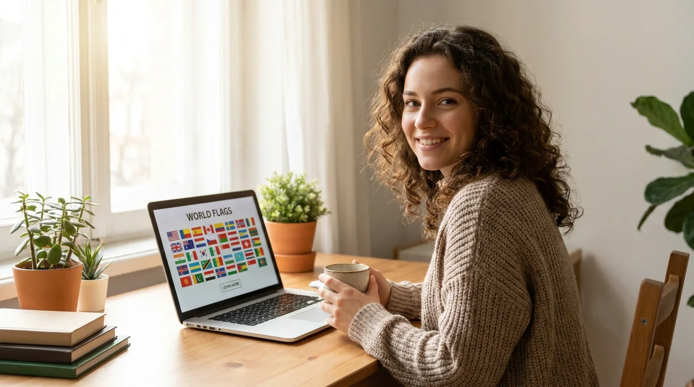 Person playing a flag identification game on a laptop with colorful world flags displayed
