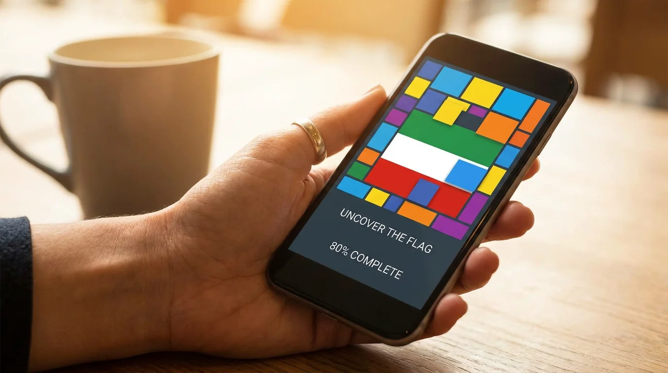 Smartphone showing a partially revealed flag quiz with colorful tiles