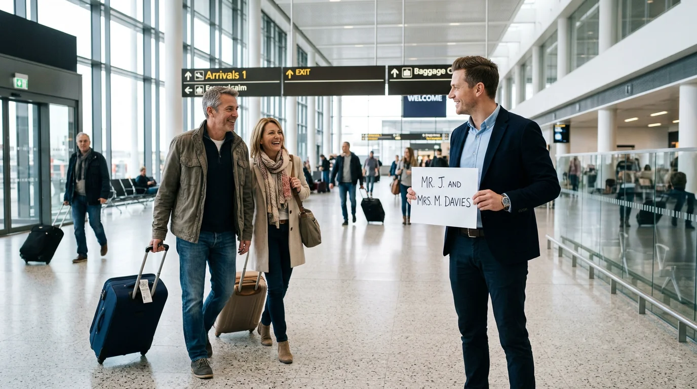A driver holding a name sign welcomes arriving travelers in an airport arrivals hall