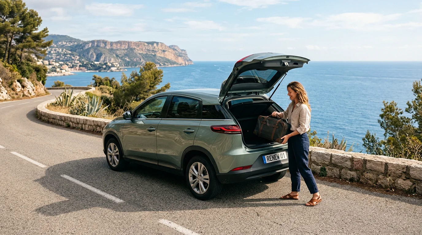 A compact electric SUV on a coastal road while a traveler loads luggage