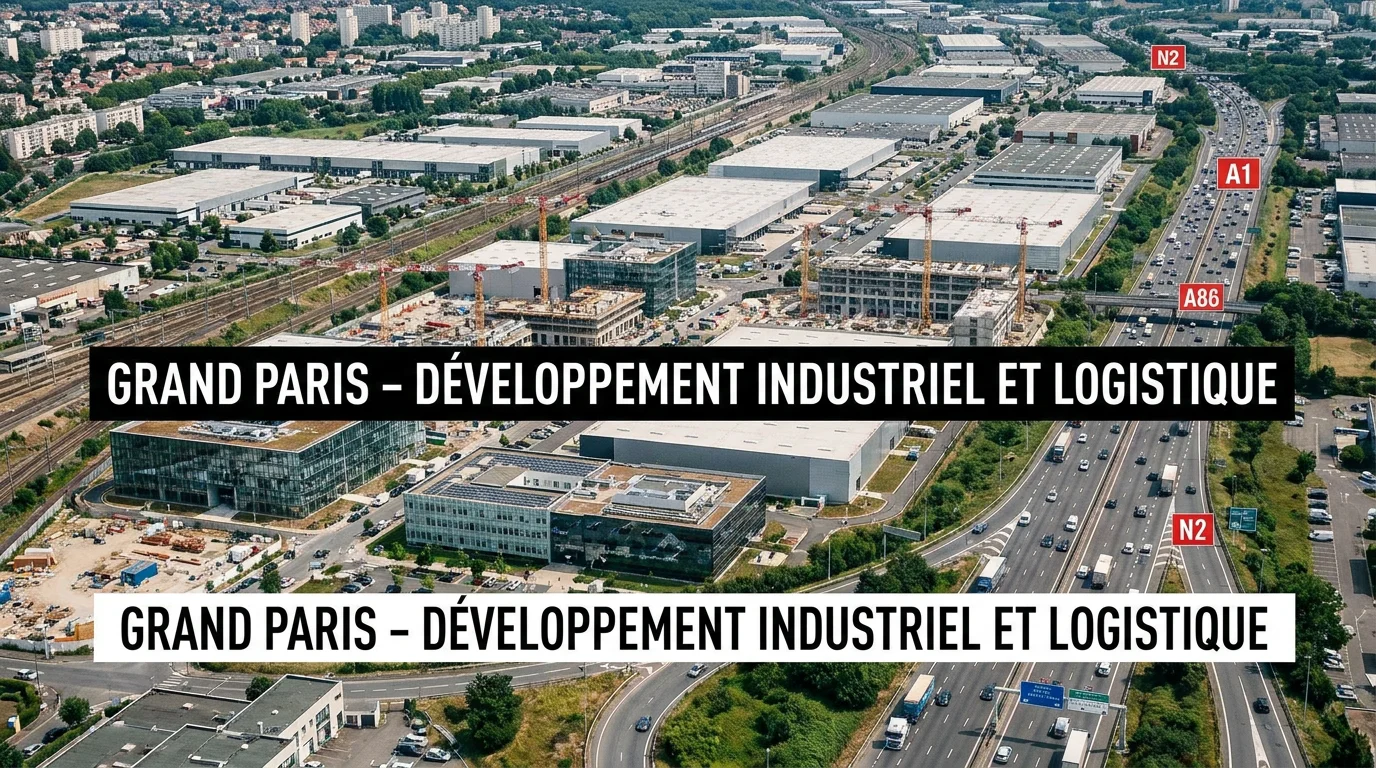 Vue aérienne des zones industrielles et logistiques en Seine-Saint-Denis, département dynamique pour l'intérim