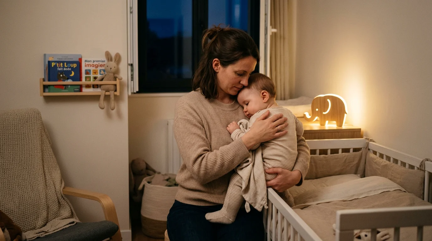 Parent réconfortant son bébé de 7 mois lors d'un réveil nocturne