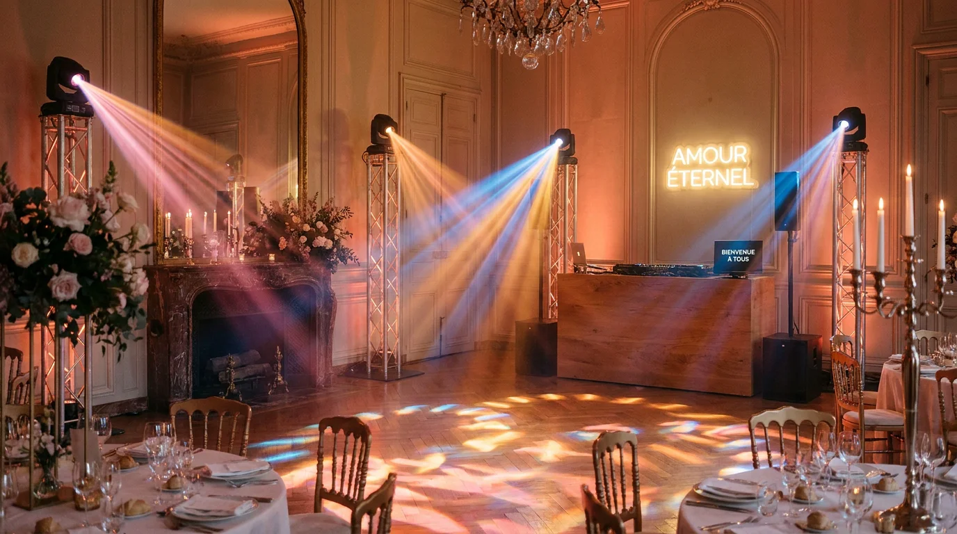 Installation son et lumières professionnelle pour mariage dans une salle de réception en France