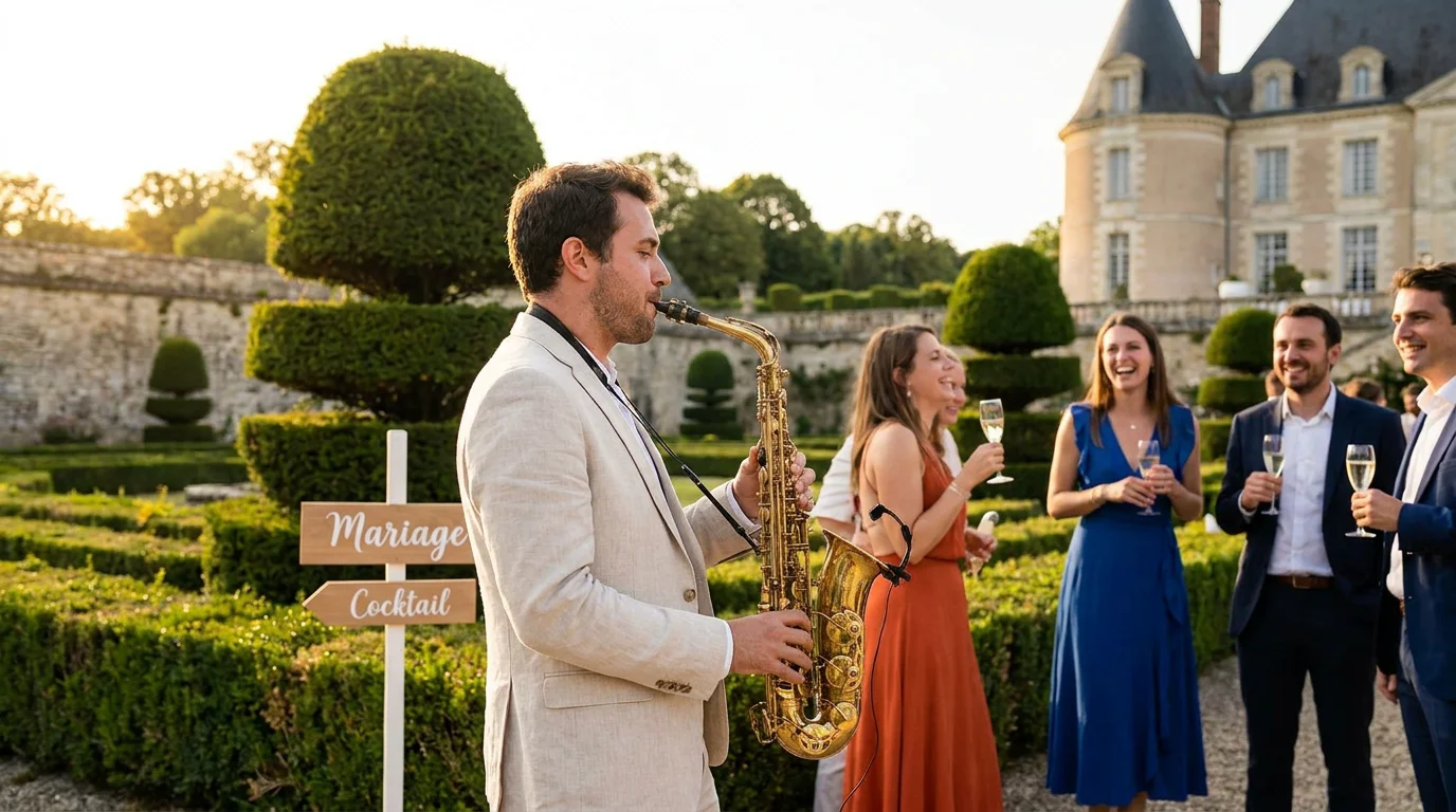 Saxophoniste jouant lors d'un cocktail de mariage en extérieur dans un jardin en France