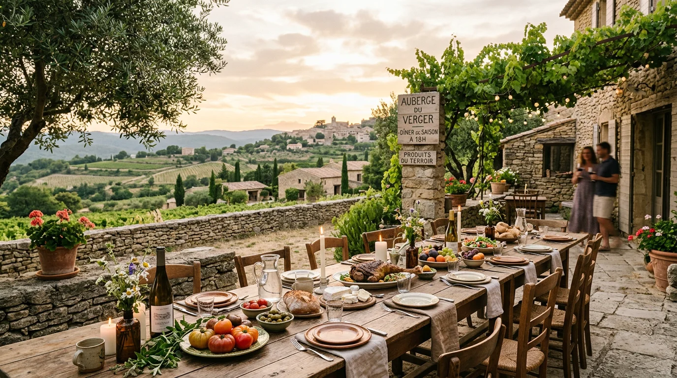 Terrasse d'une ferme auberge provençale dressée pour un repas au coucher du soleil dans le Luberon