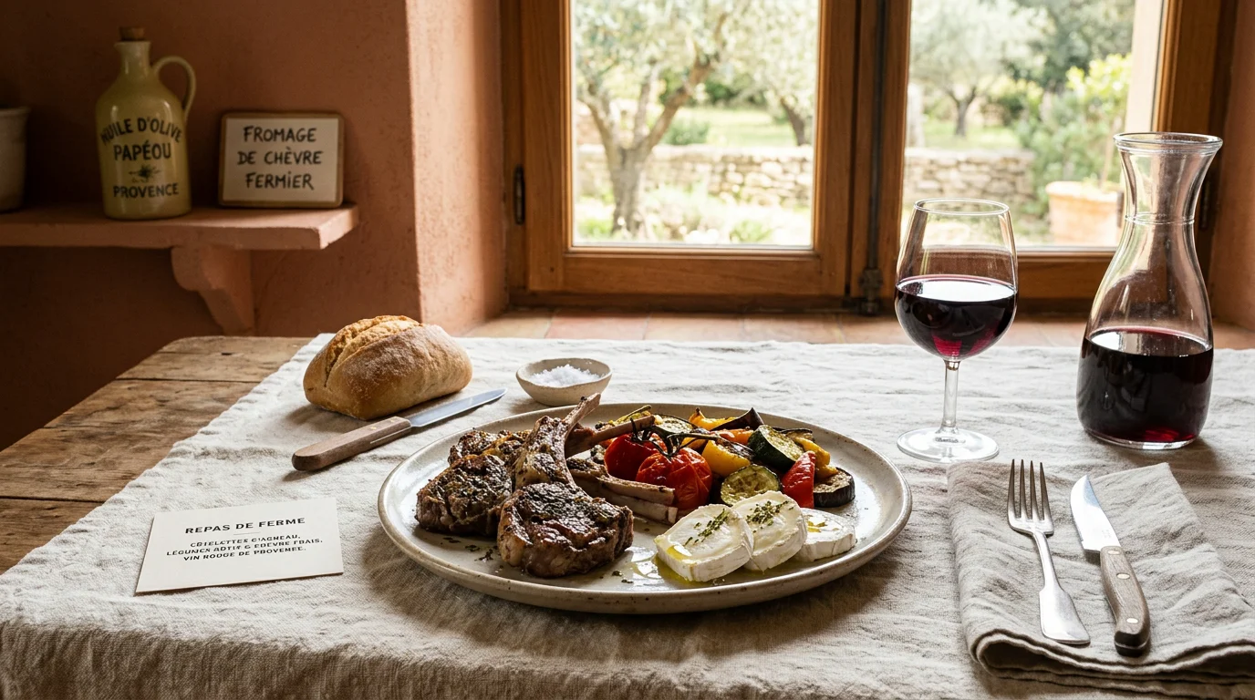 Assiette de cuisine fermière provençale avec viande grillée, légumes de saison et vin régional