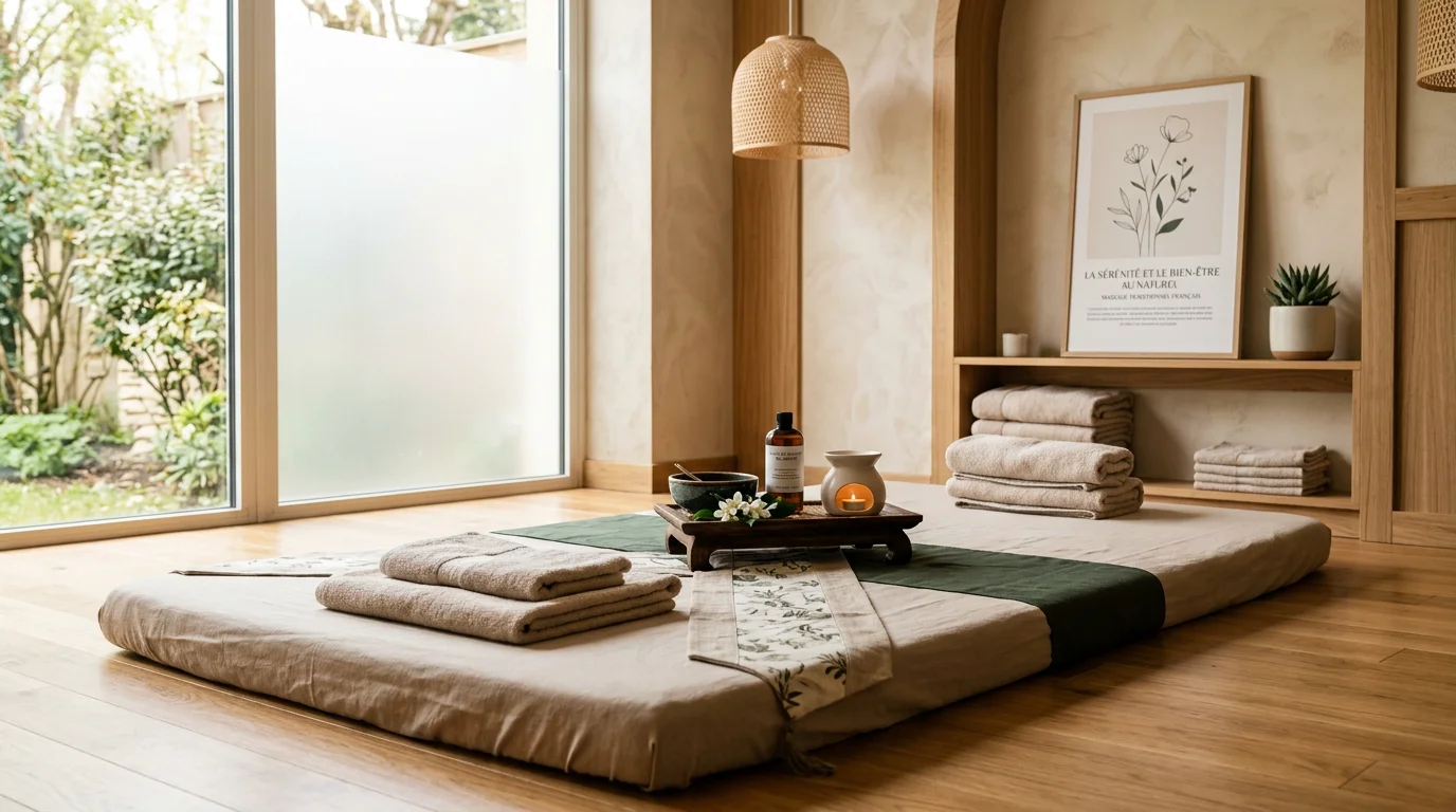 Cabine de massage thaïlandais avec tapis au sol et ambiance apaisante