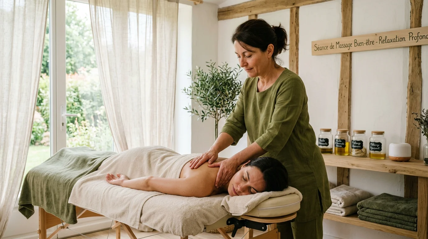Praticienne réalisant un massage relaxant du dos en cabine