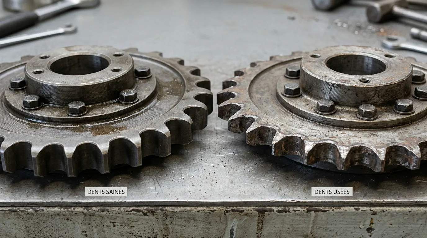 Comparaison entre un barbotin de mini-pelle neuf aux dents arrondies et un barbotin usé aux dents pointues