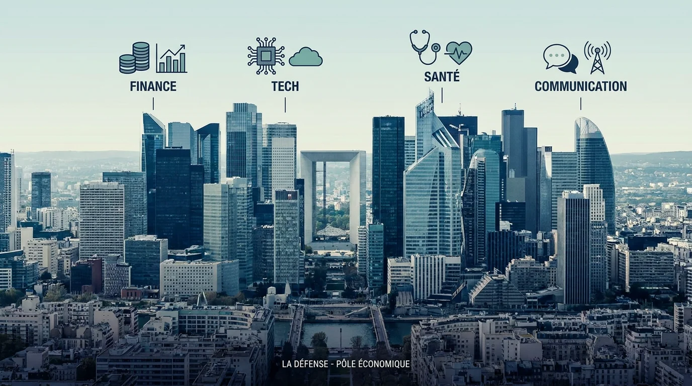 Vue stylisée de La Défense illustrant la diversité des secteurs de stage en Île-de-France