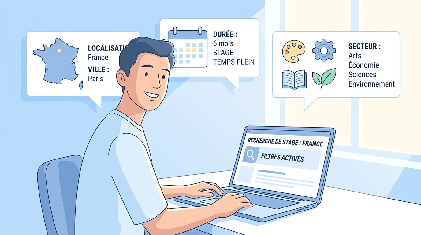 Étudiant recherchant un stage en ligne avec des filtres de localisation et de secteur