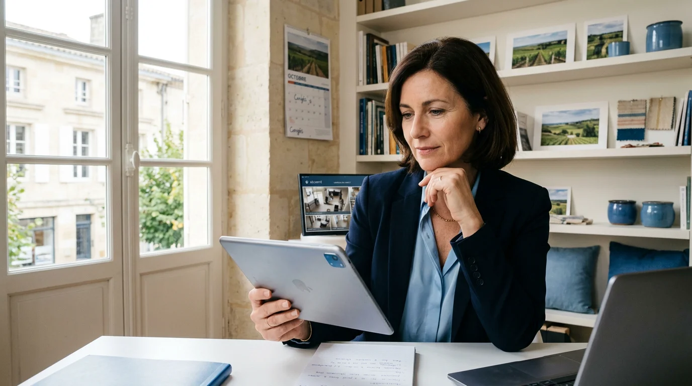 Dirigeant consultant une caméra de sécurité connectée sur une tablette