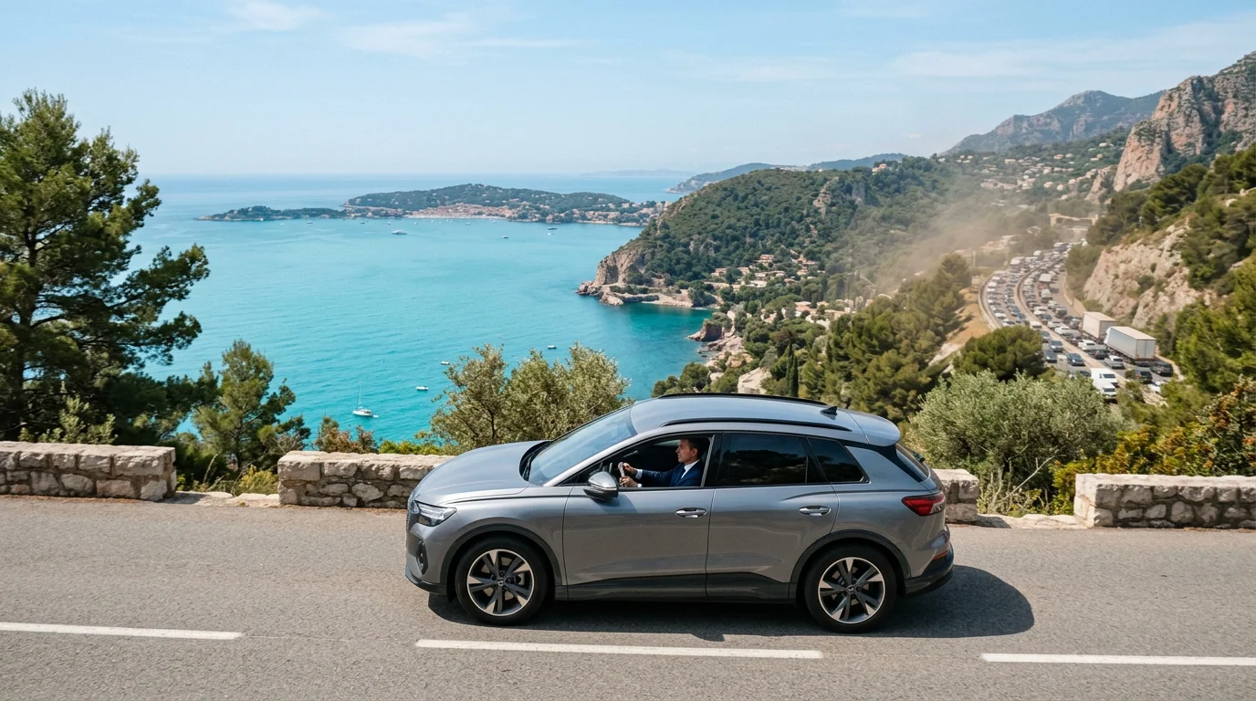 Grey electric SUV driving along a clean French Riviera coastal road