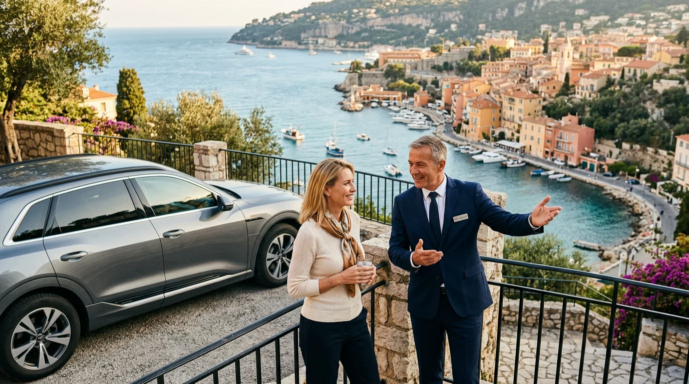 Chauffeur sharing local history with a passenger above a Riviera harbour