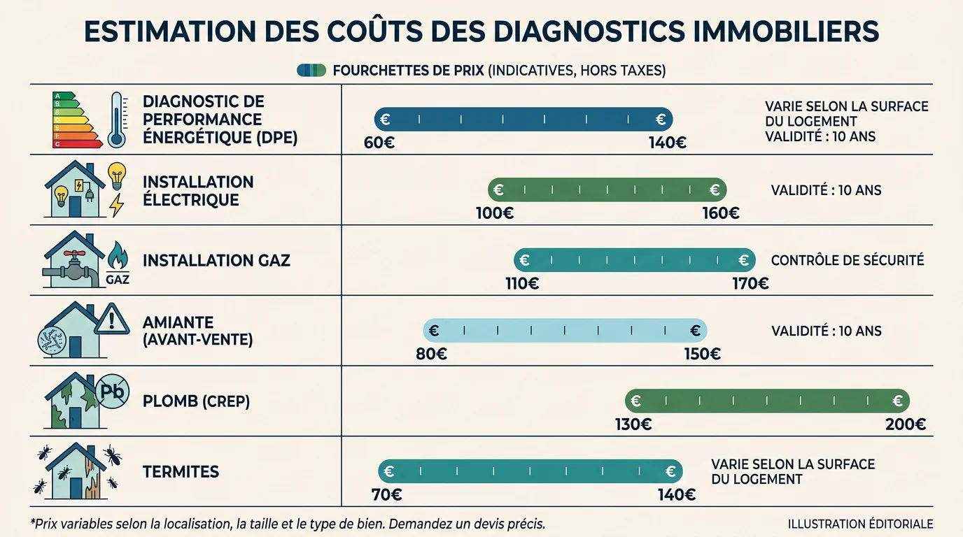 Infographie des fourchettes de prix des diagnostics immobiliers obligatoires en 2026