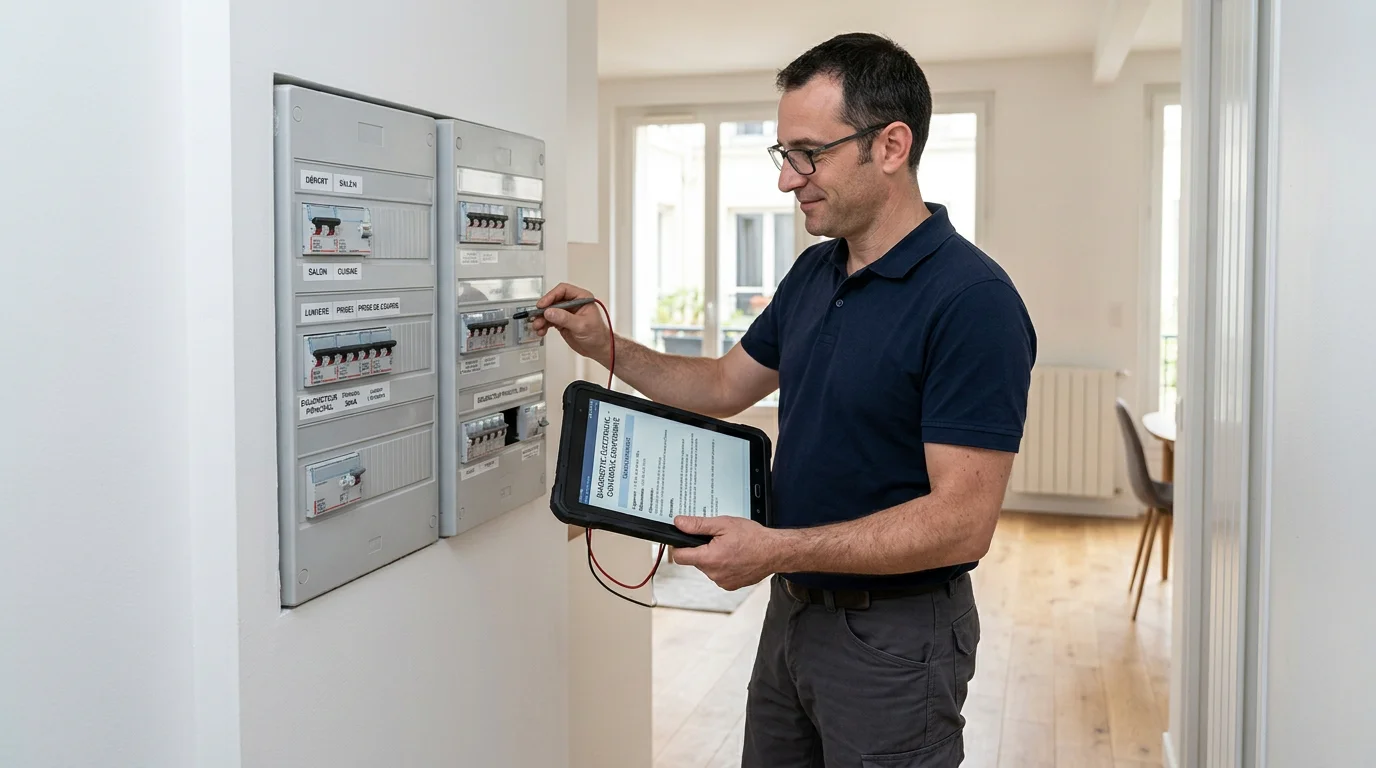 Diagnostiqueur inspectant une installation électrique lors d'un diagnostic obligatoire
