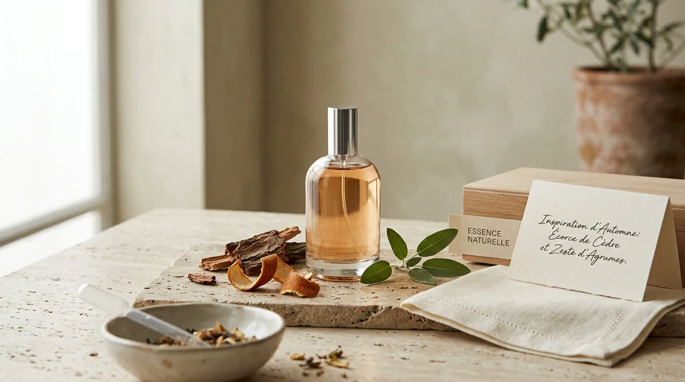Flacon de parfum mixte épuré entouré de bois de cèdre et d'agrumes