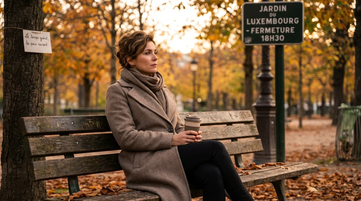 Femme européenne seule sur un banc de parc en automne, en pleine réflexion après une rupture amoureuse