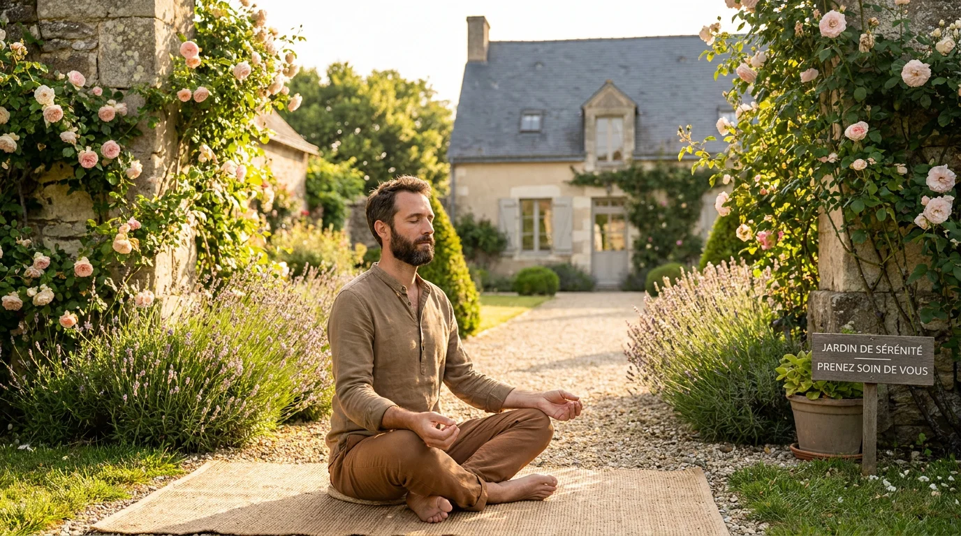 Homme européen pratiquant le yoga dans un jardin, illustrant la reconstruction personnelle après une séparation