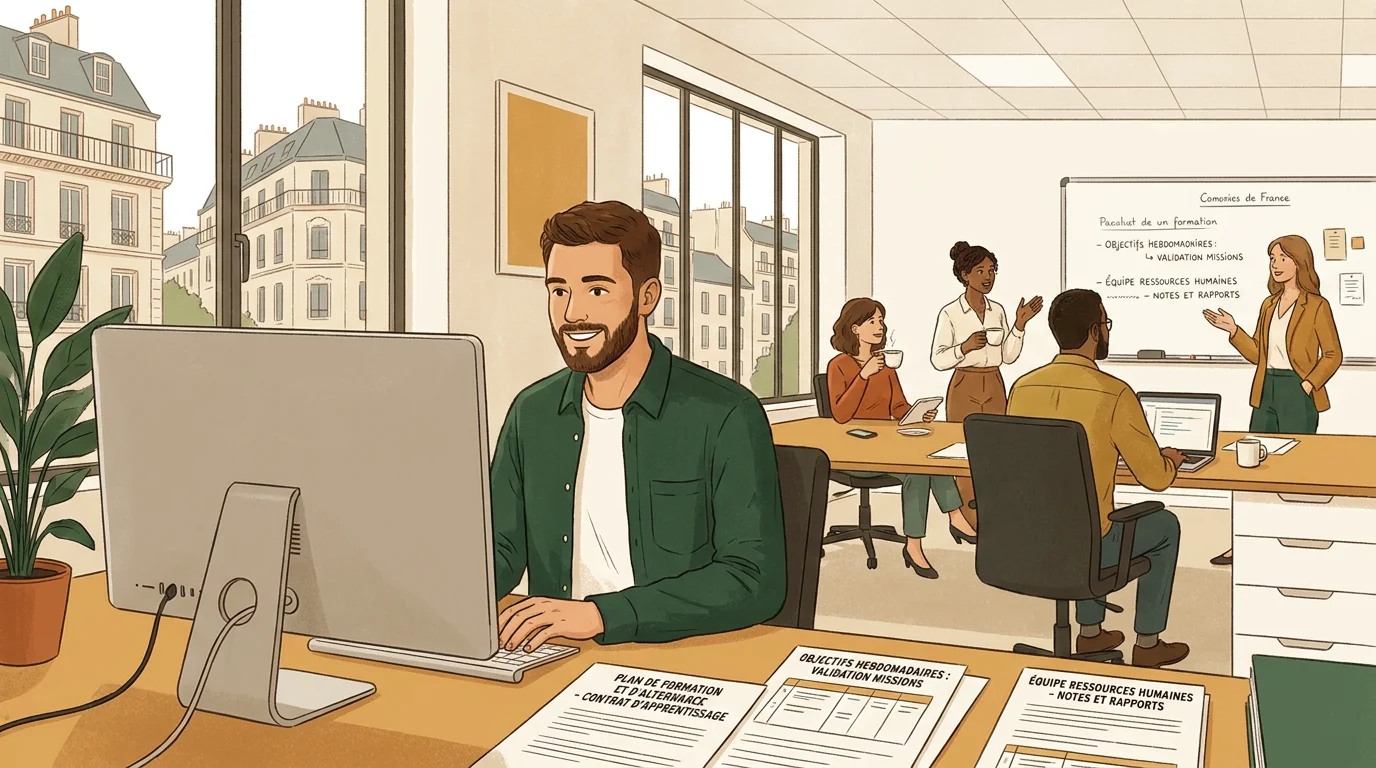 Alternant en ressources humaines travaillant dans un bureau moderne à Toulouse